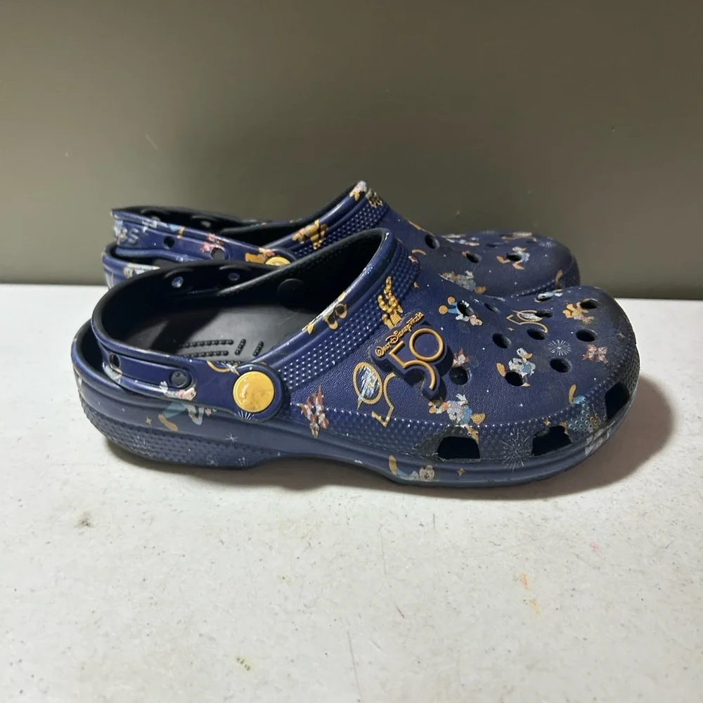 CROCS Navy Blue Printed Slip-On Clogs with Yellow Accents